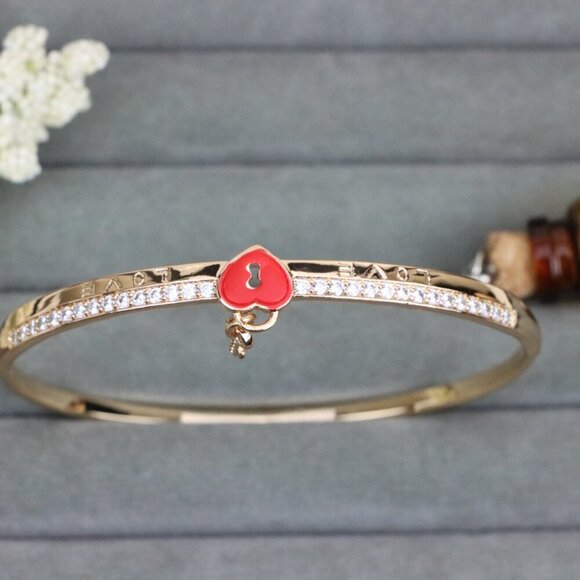 Rose Gold Bangle with Red Heart Lock and Key Charm Accent, XPBL0562 - Picture 12 of 12